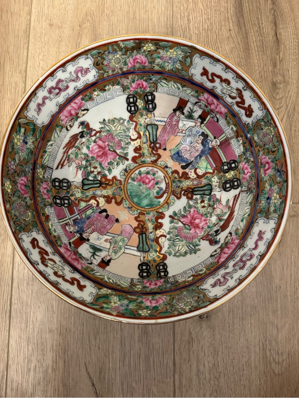 Large 10” Vintage Rose Medallion Punch Bowl Hand Painted Qianlong Mark Grandmill